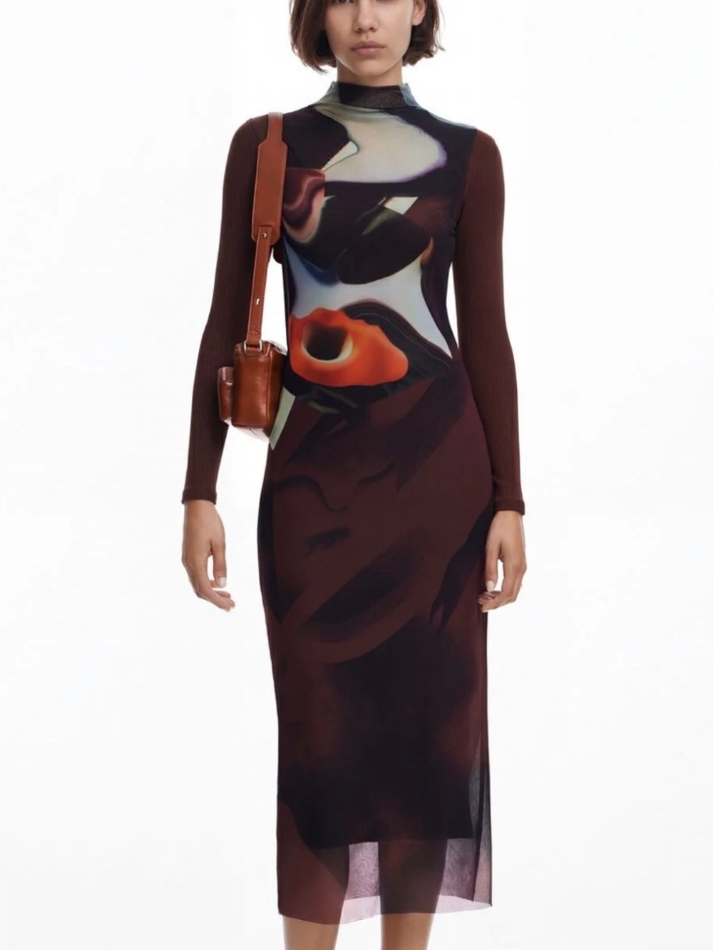 Desigual Abstract Print Long Sleeve Midi Dress in Brown